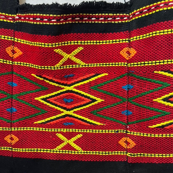 Black and Red Geometric Shoulder Bag with Fringe - Picture 3 of 6